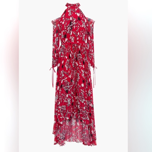 Self-Portrait Floral Chiffon Maxi Dress Red Cold Shoulder Pleated Hi-Low Size SM - Picture 7 of 16
